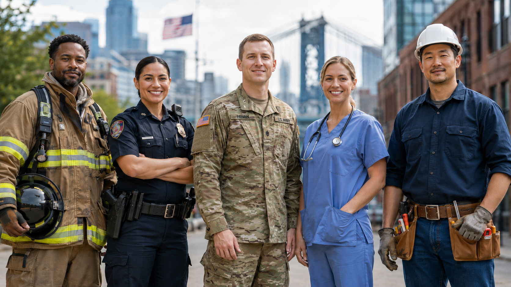 First responders, veteran, medical personnel, and trades worker standing together