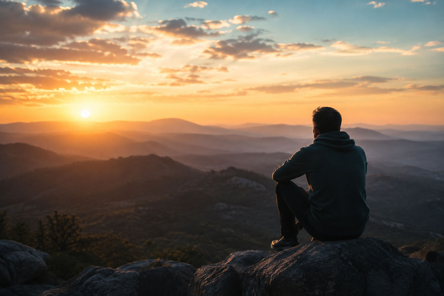 Person sitting on a mountain at sunset, looking out over the landscape